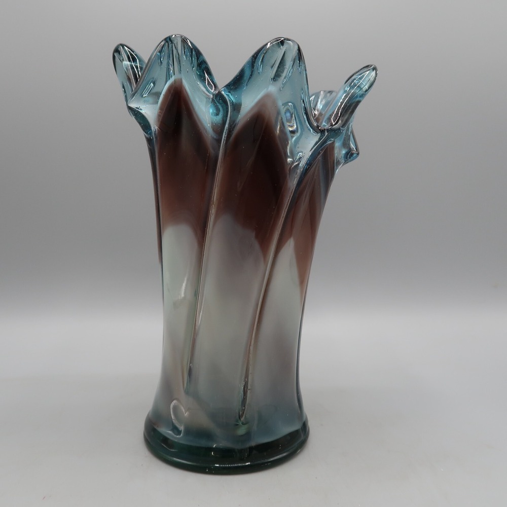 Glass Vase Marble Swirl Flower Petal Blue Brown White Marbleized Hand Blown‎ Art